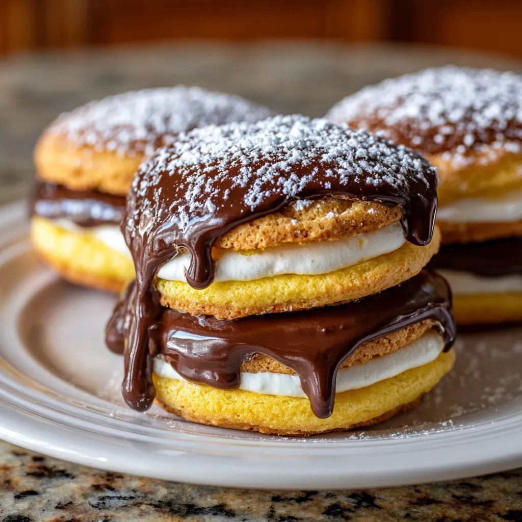 Two chocolate covered Boston Cream Pie cookies.