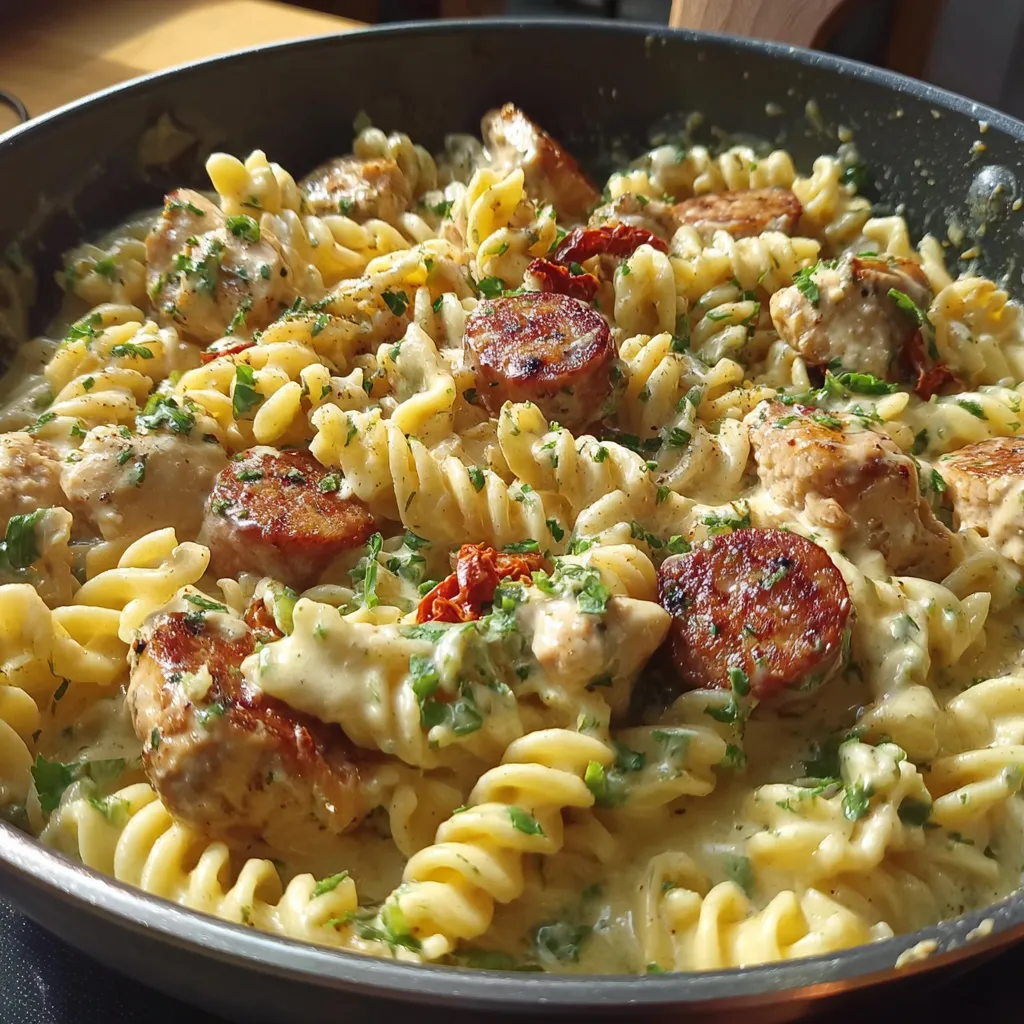 A dish of creamy pepper jack chicken and sausage pasta.