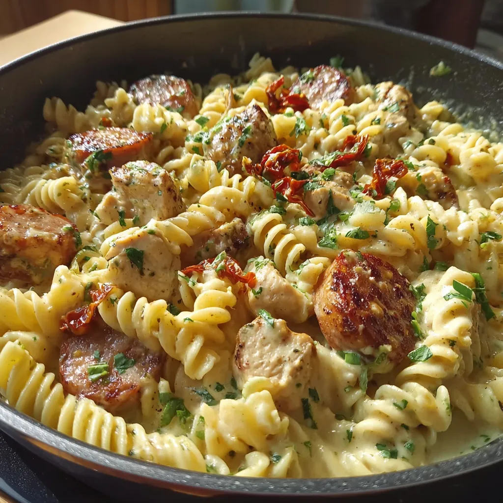 A bowl of creamy pepper jack chicken and sausage pasta.