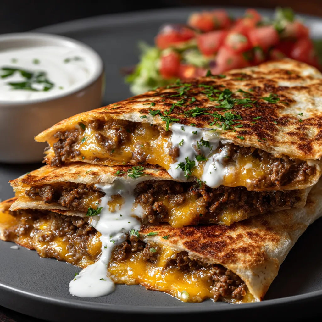 A plate of food with a cheesy taco and a bowl of sour cream.