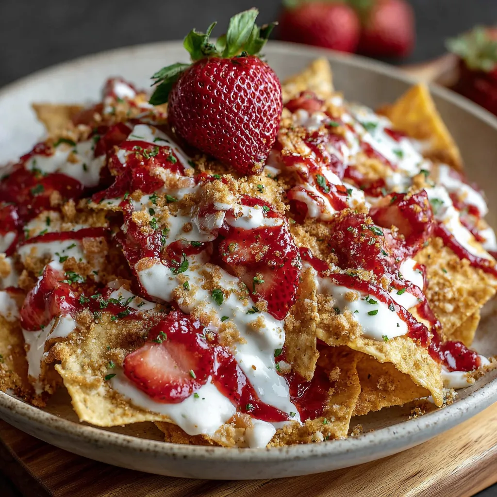 A plate of nachos with strawberries on top.