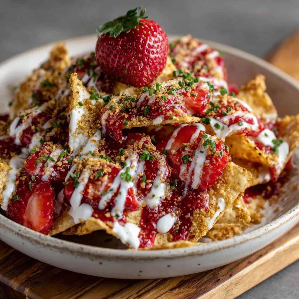 A plate of strawberry cheesecake nachos.