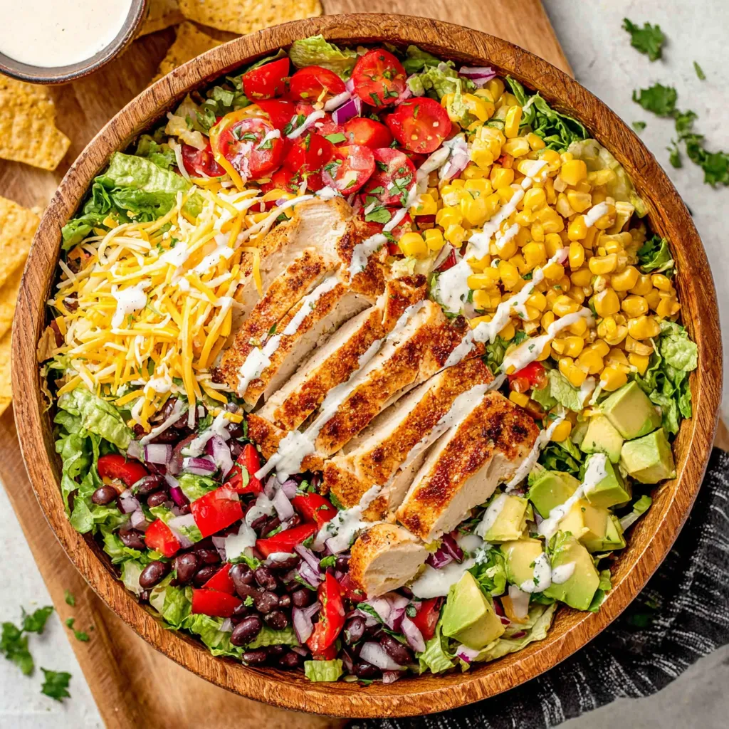 A salad with chicken, tomatoes, lettuce, and cheese.