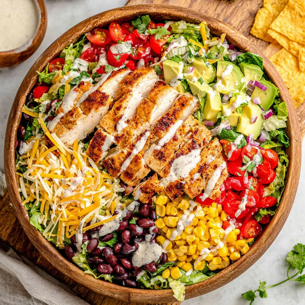 A bowl of food with chicken, beans, corn, tomatoes, lettuce, and avocado.