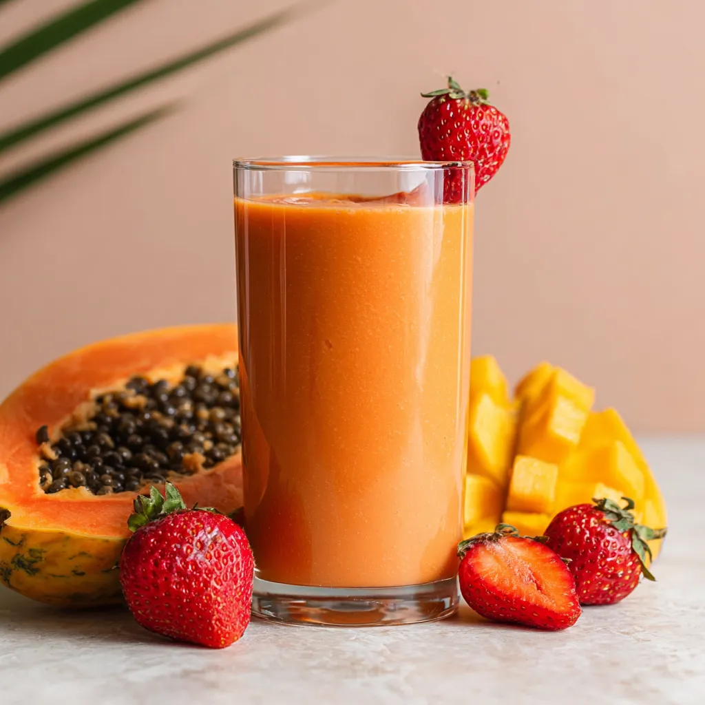 A glass of orange juice with a strawberry and a slice of papaya on the side.