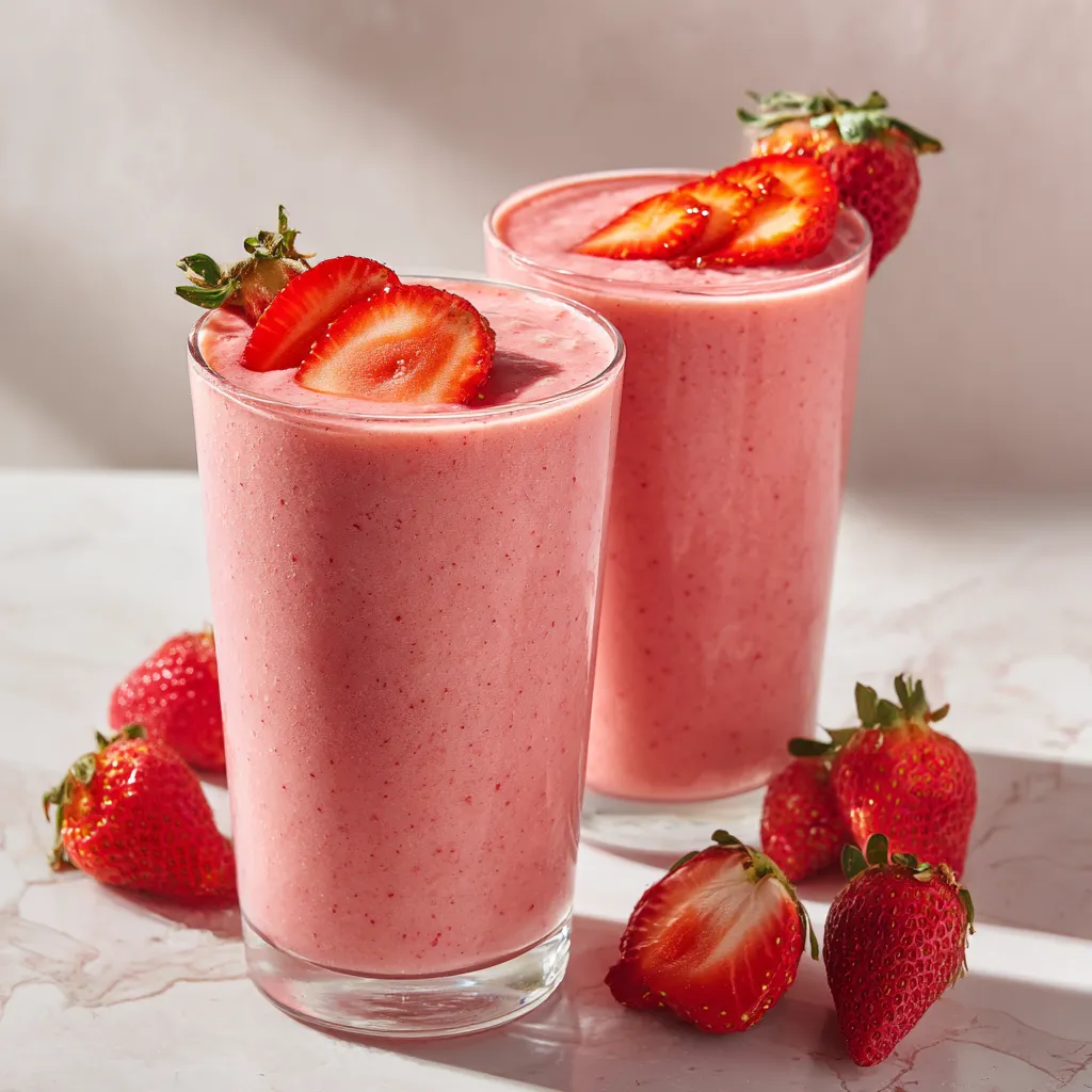 Two glasses of strawberry banana smoothie.