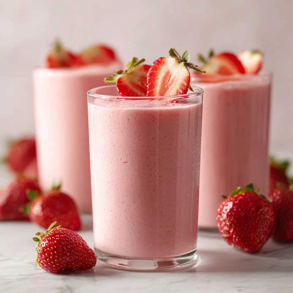 Two glasses of strawberry banana smoothie.