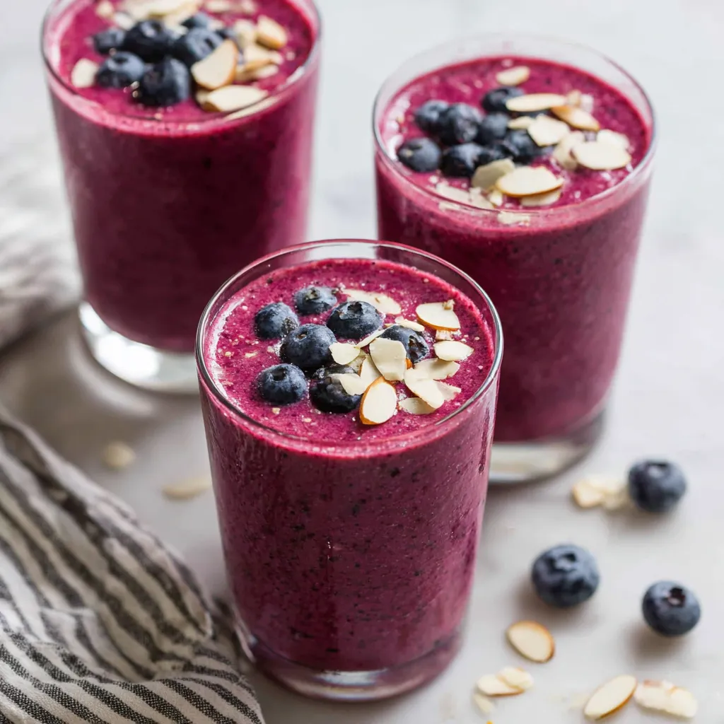 Two glasses of blueberry smoothie.