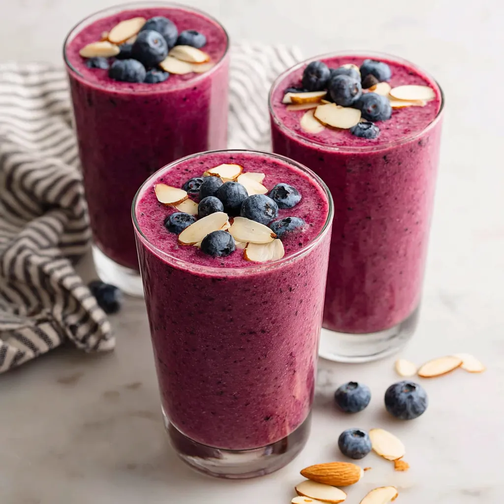 Three glasses of blueberry smoothie.