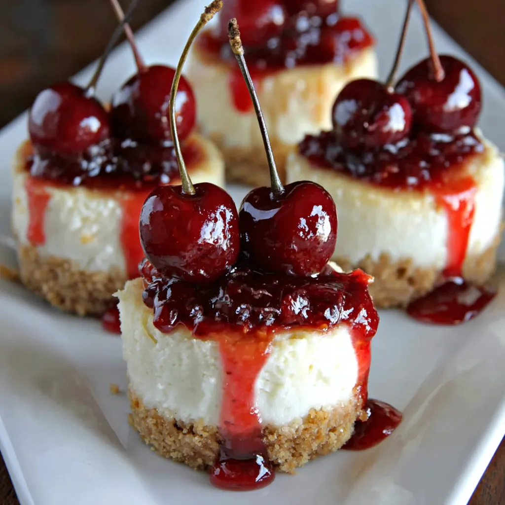A plate of mini cherry cheesecake.