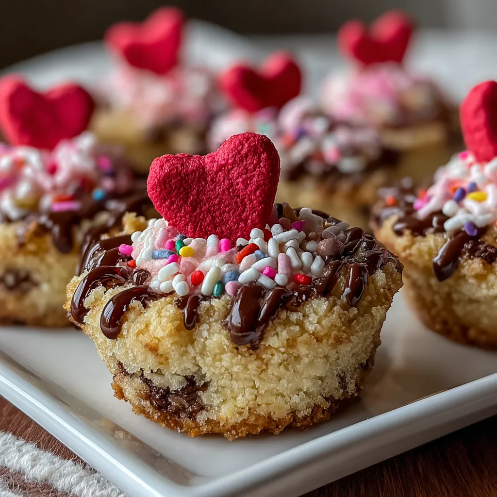 A plate of heart-shaped cookies with chocolate and sprinkles.
