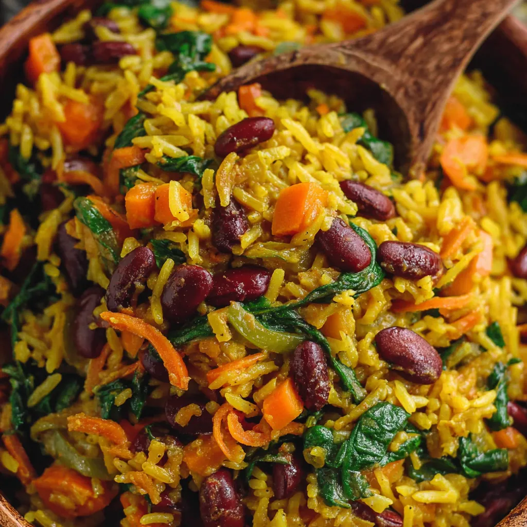 A bowl of rice with beans and spinach.