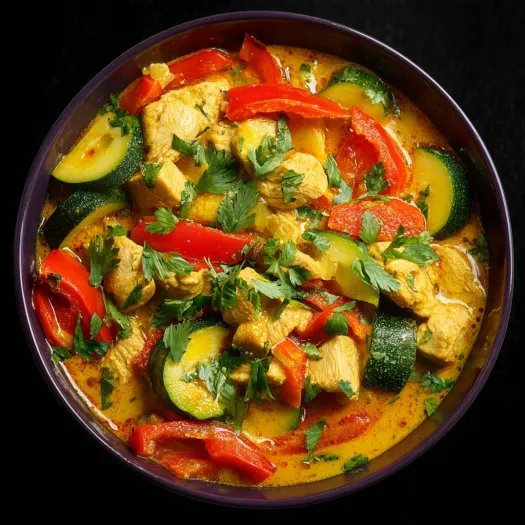 A bowl of Thai Red Curry Chicken with vegetables.