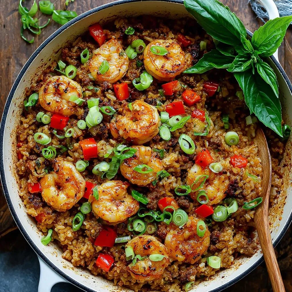 A bowl of Cajun Dirty Rice Shrimp.