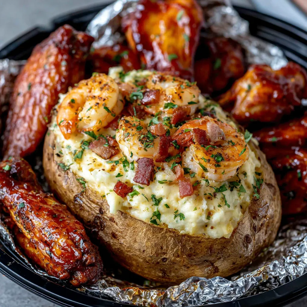 A loaded shrimp stuffed potato with bacon and cheese.