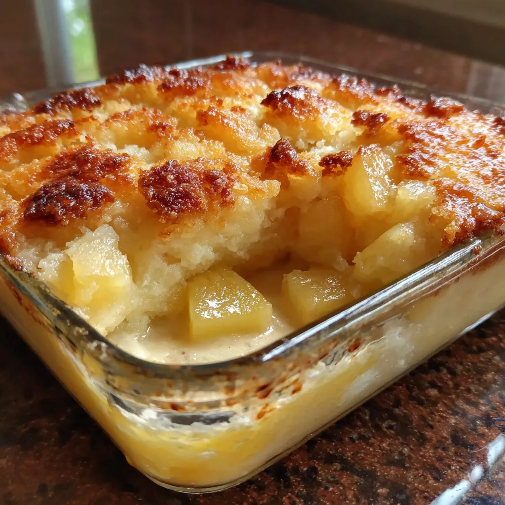 A close up of a pineapple cream cheese cobbler.
