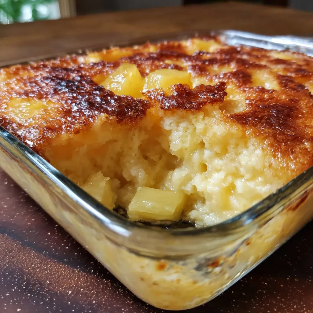 A close up of a pineapple cream cheese cobbler.