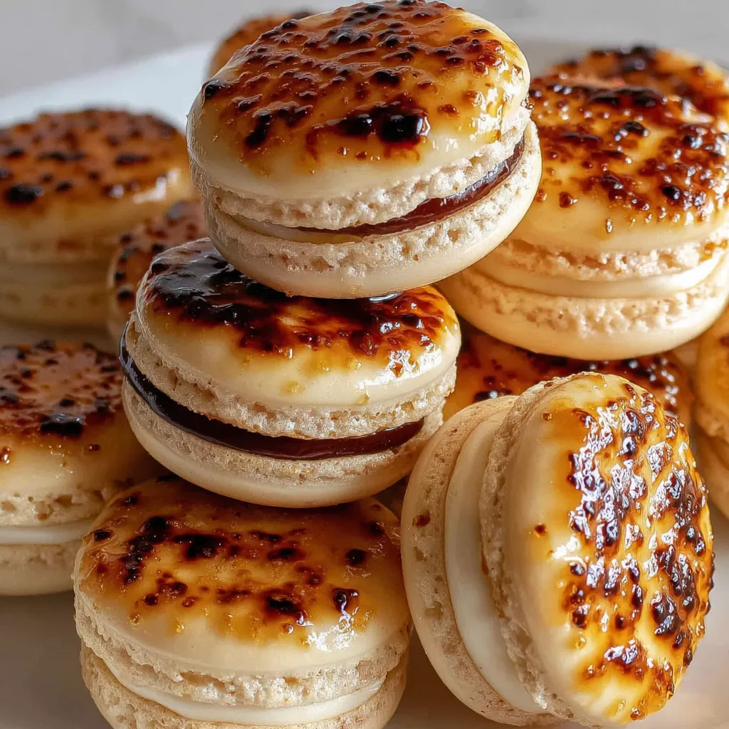 A stack of creme brûlée macarons.