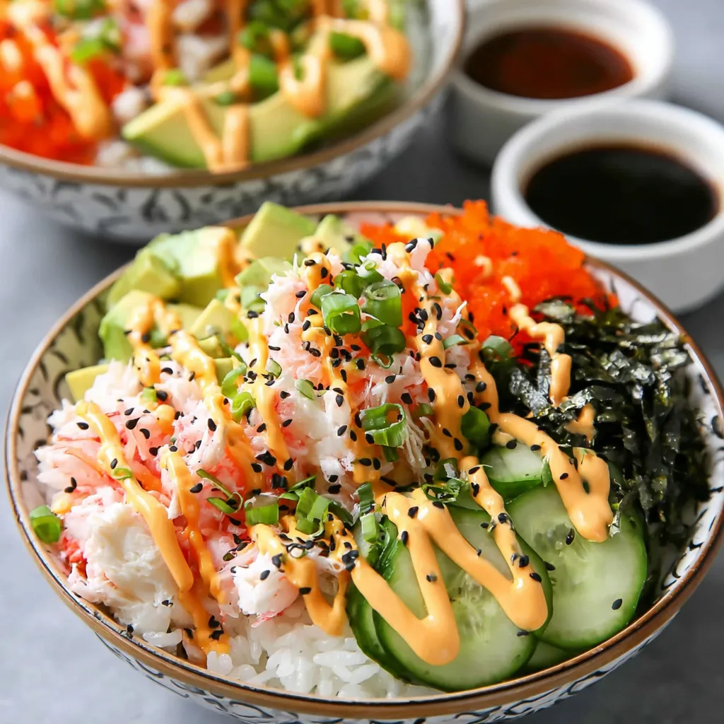 Two bowls of sushi with rice, avocado, cucumber, and orange sauce.