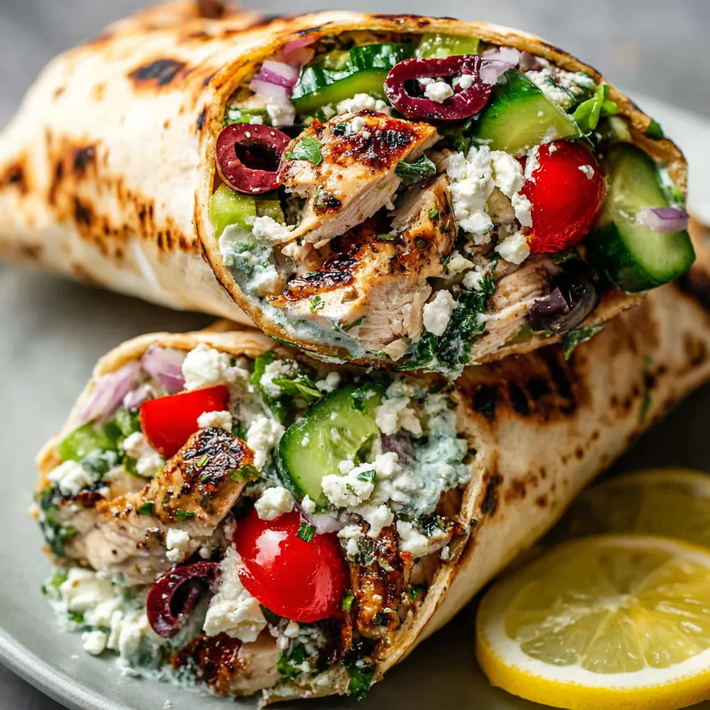 A Greek Lemon Chicken Wrap is displayed on a plate.