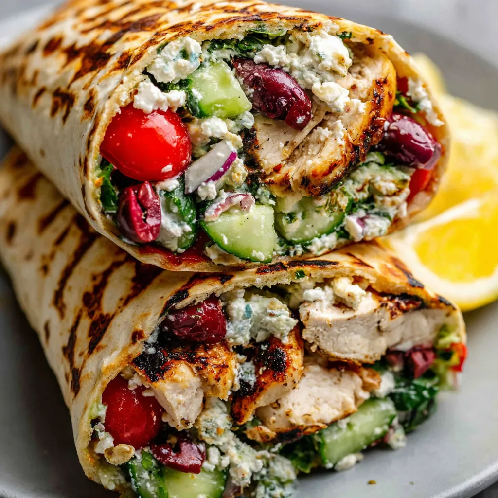A Greek Lemon Chicken Wrap is served on a plate.