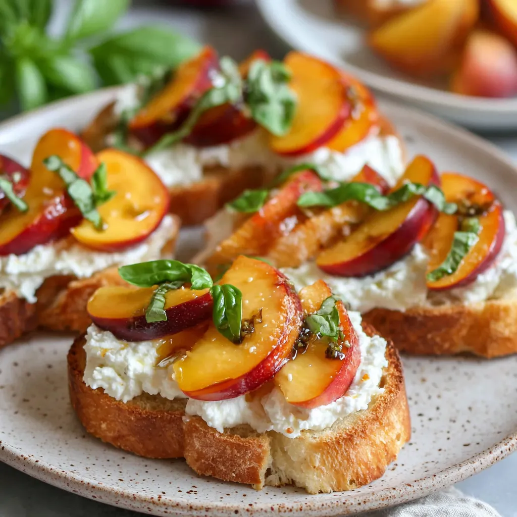 A plate of peach bruschetta with whipped ricotta.