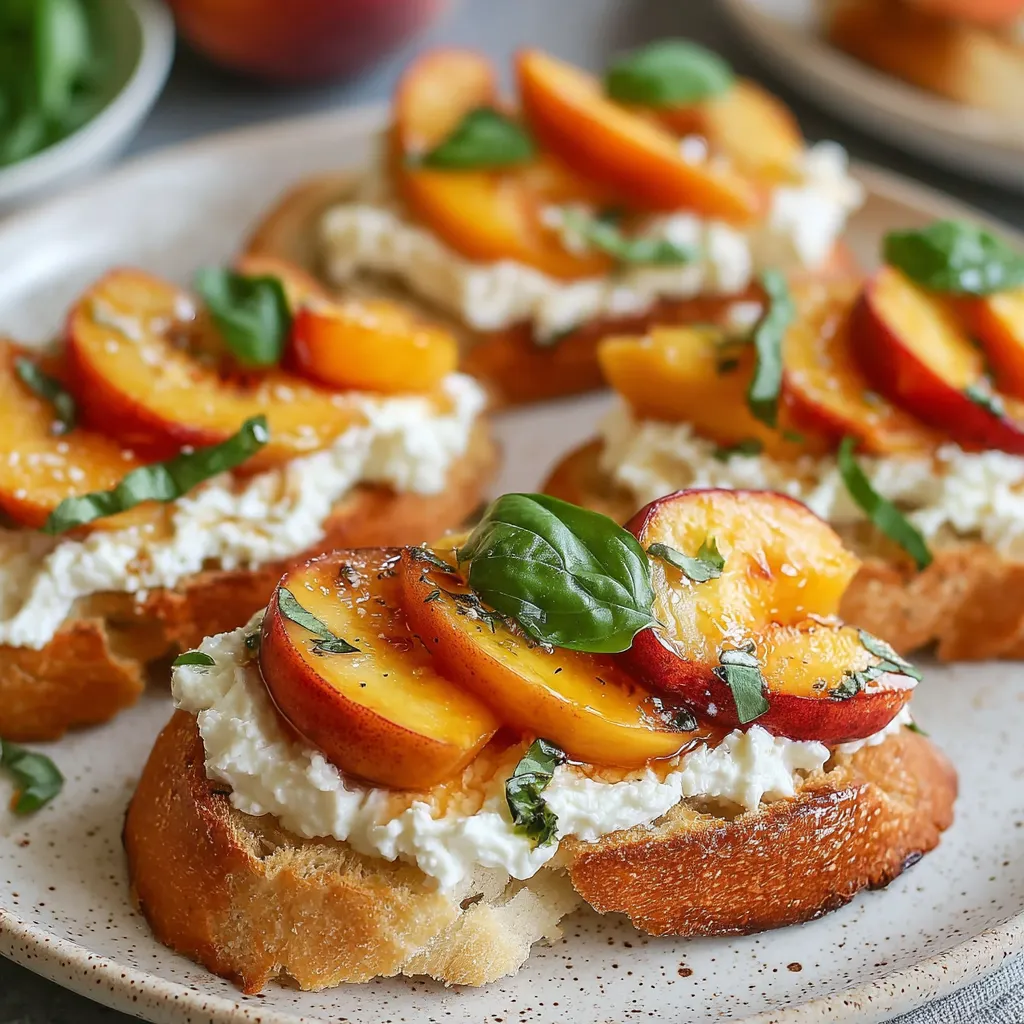 A plate of peach bruschetta with whipped ricotta.
