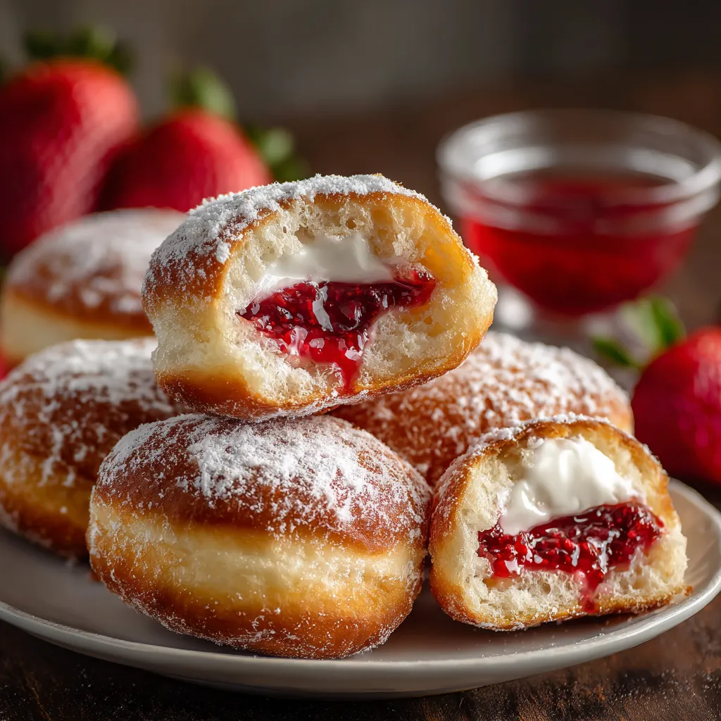 A plate of strawberry and cream filled donuts.
