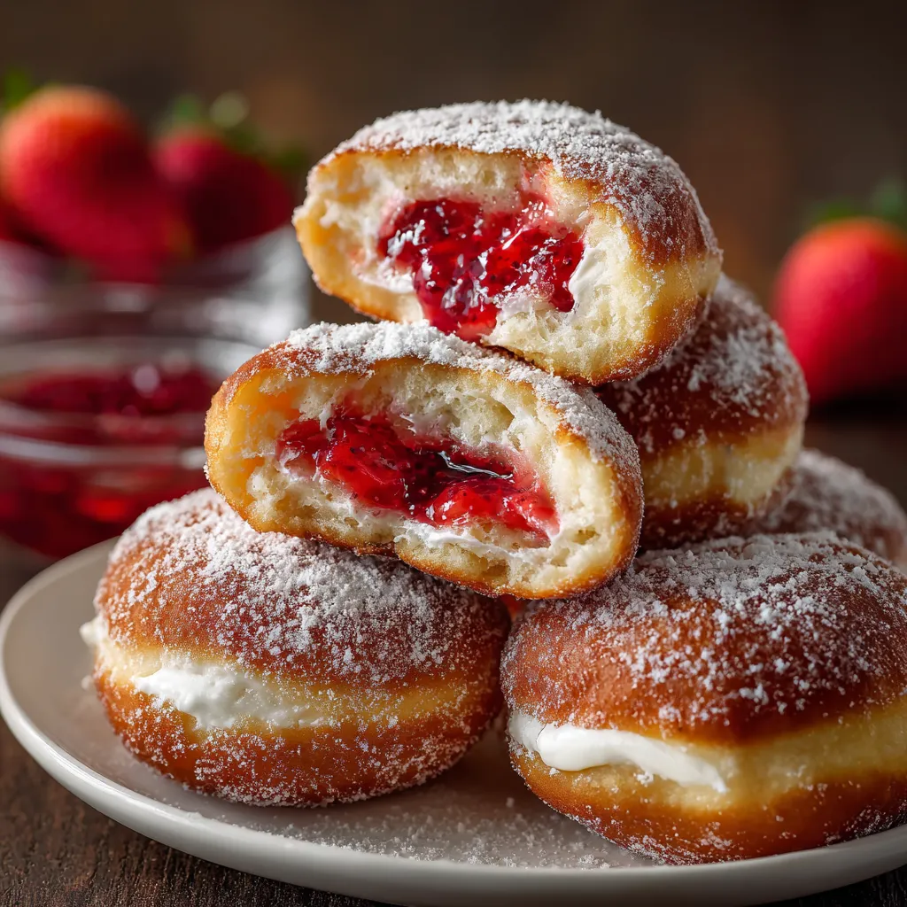A plate of strawberry and cream filled donuts.