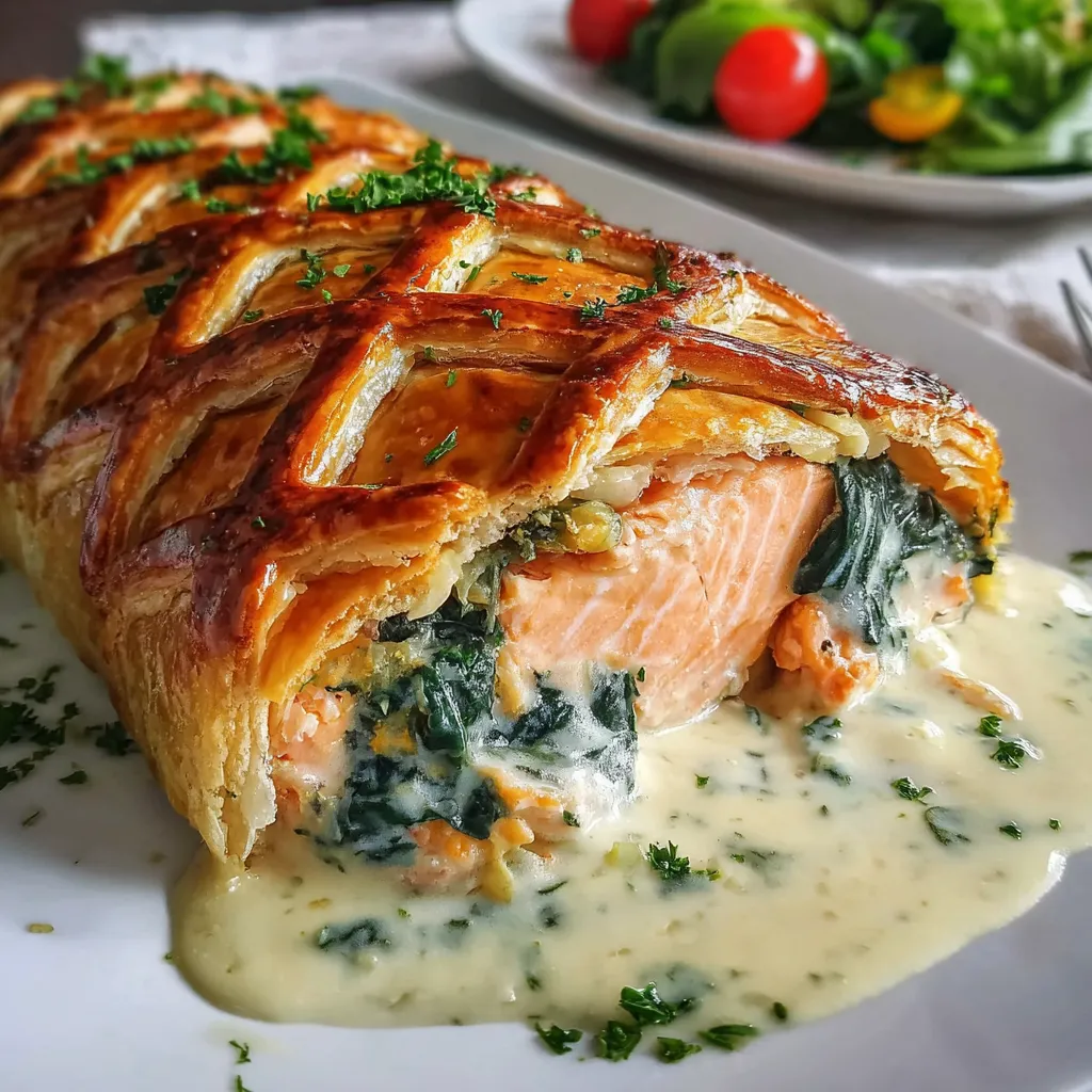 A salmon wellington with sauce on a plate.