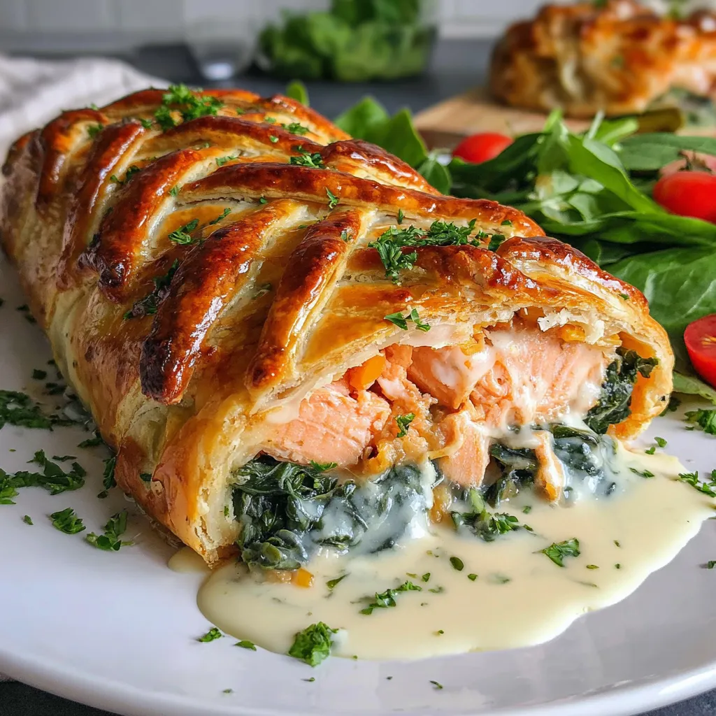 A salmon wellington is served on a plate.