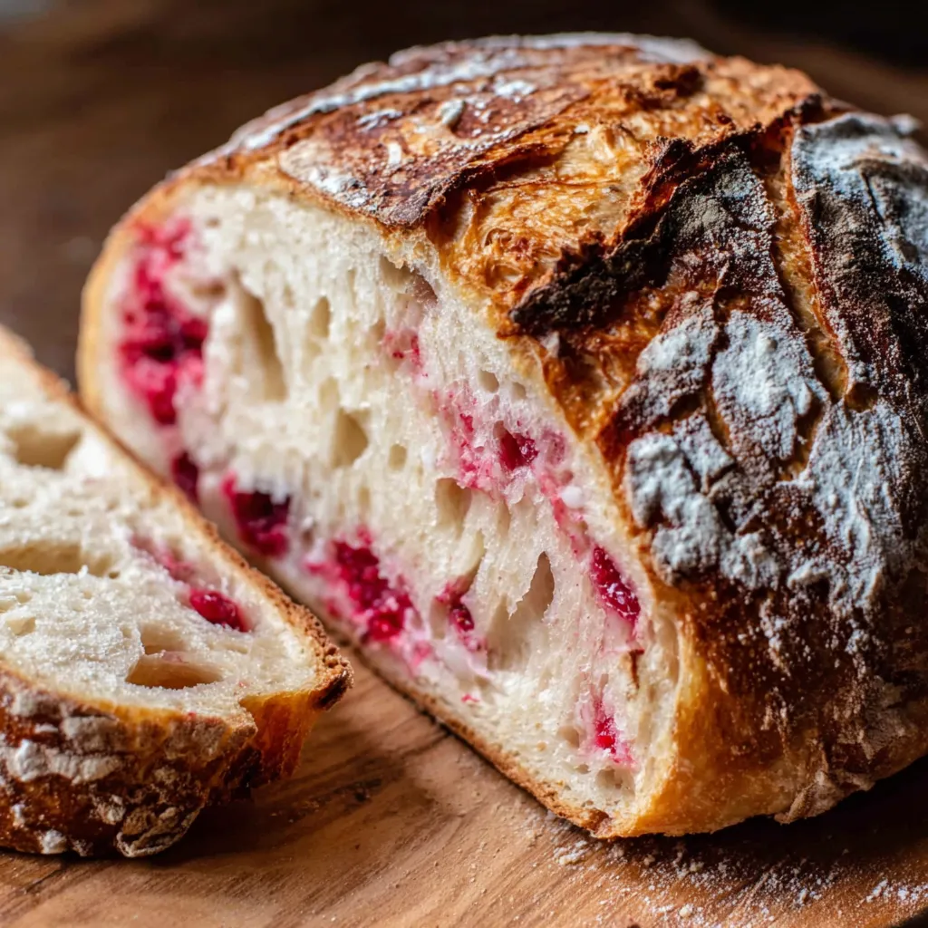 A slice of raspberry cheesecake sourdough bread.