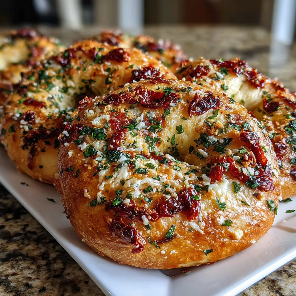 A plate of sourdough bagels with sun dried tomatoes and herbs.