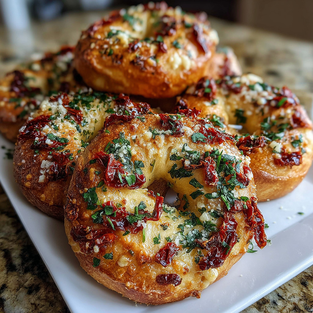 Sourdough bagels with sun dried tomatoes and herbs.