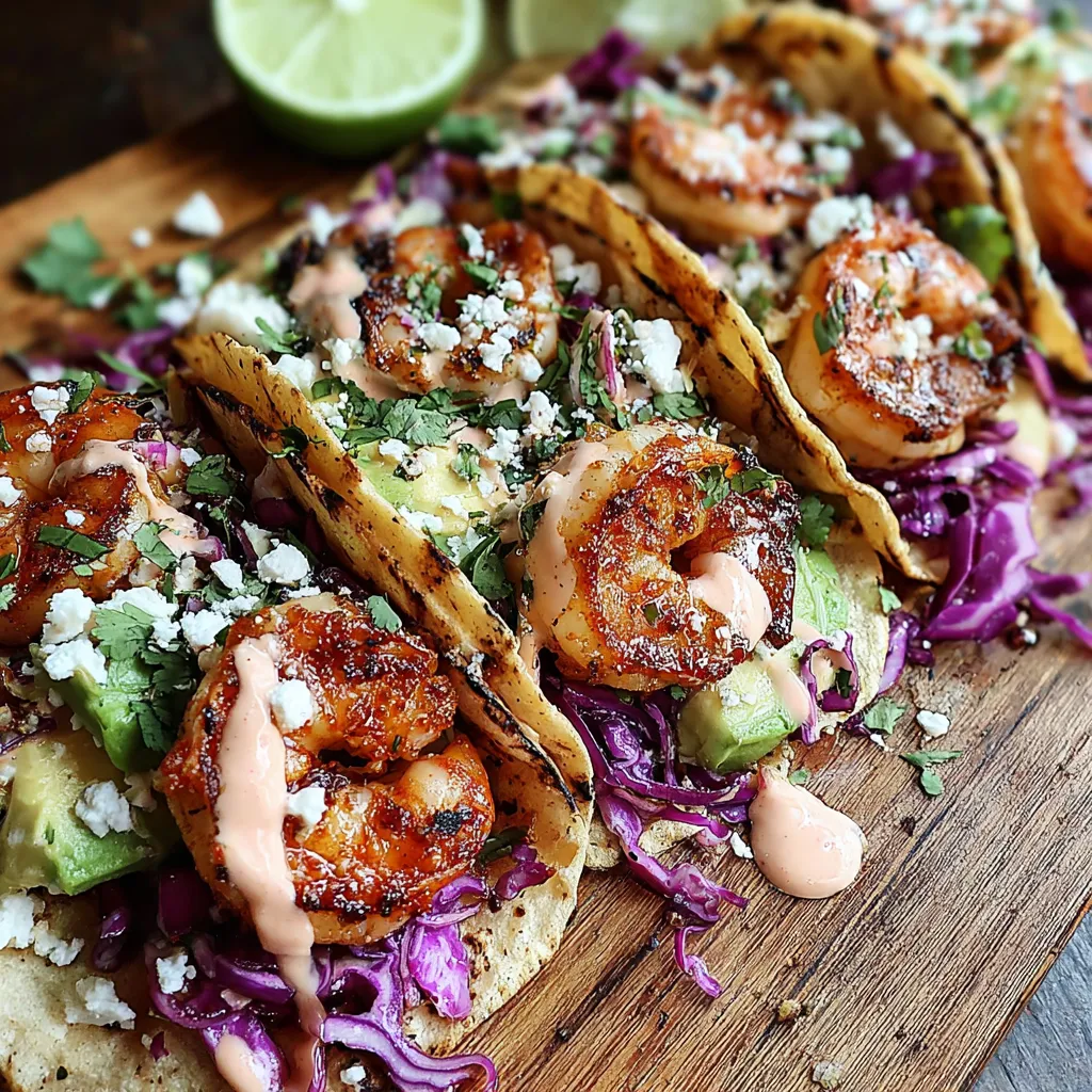 Shrimp tacos with purple cabbage and lime.
