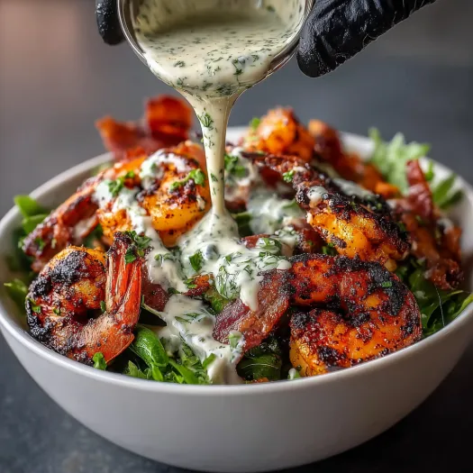 A bowl of blackened shrimp with cilantro lime crema.