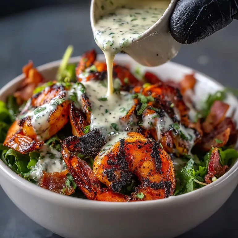 A bowl of blackened shrimp with cilantro lime crema.