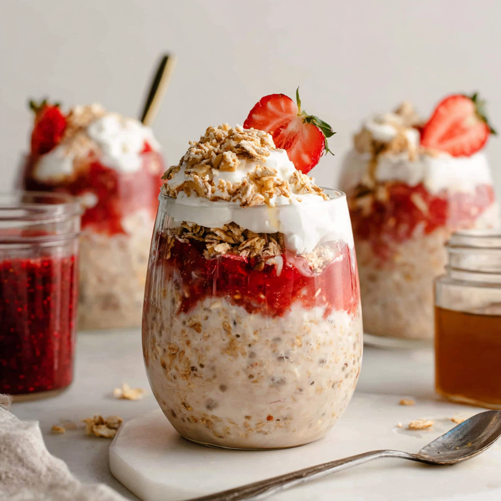 A glass of strawberry rhubarb chia oat parfaits.