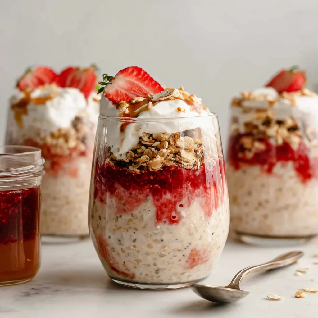 A glass of strawberry rhubarb chia oat parfaits.