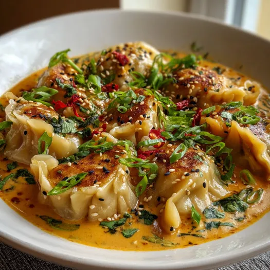 A plate of food with dumplings and peanut sauce.