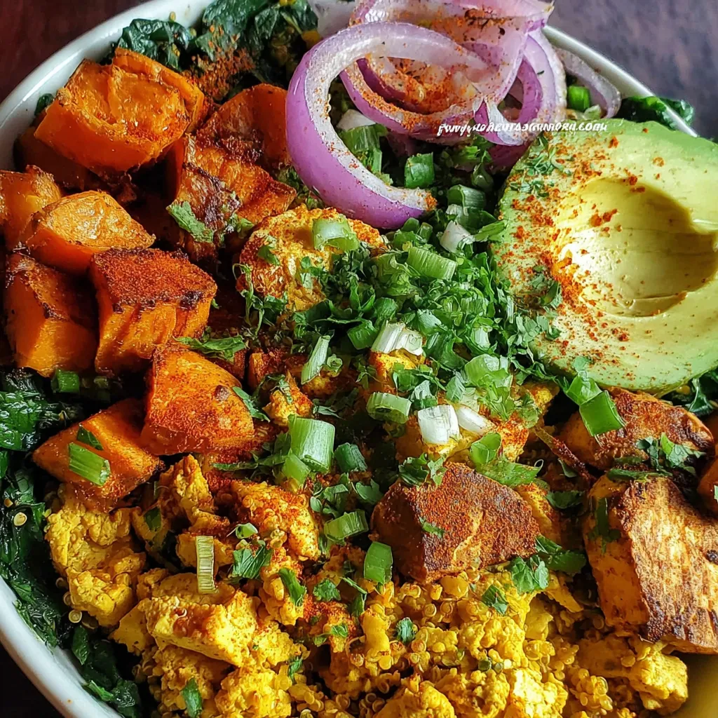 A bowl of food with a variety of ingredients including tofu, vegetables, and onions.