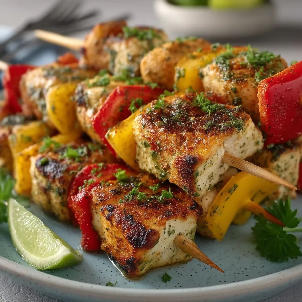 A plate of delicious air fryer garlic parmesan chicken skewers.