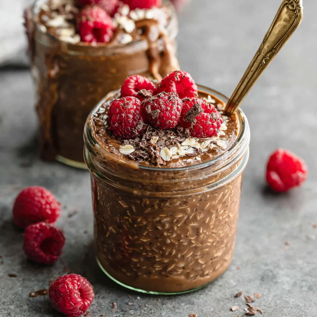 A jar of chocolate raspberry overnight oats.