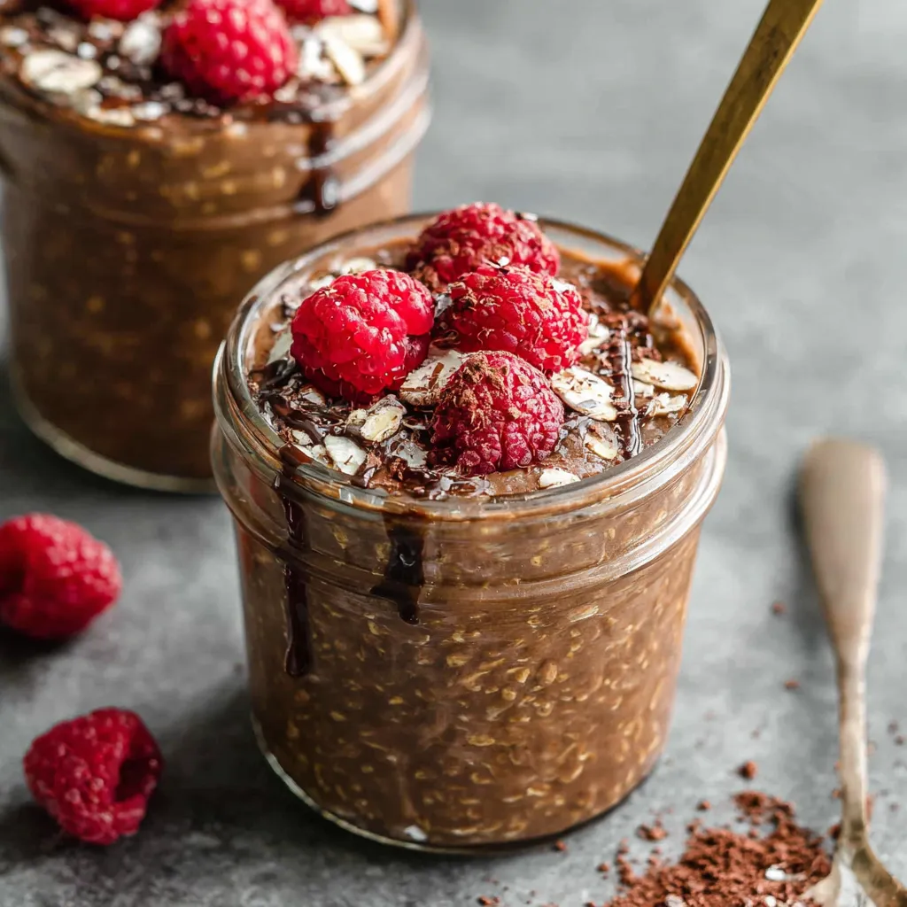 A glass of chocolate raspberry overnight oats.