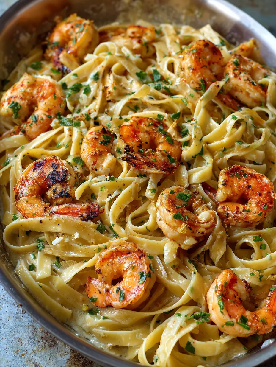 A dish of shrimp scampi garlic cream pasta.