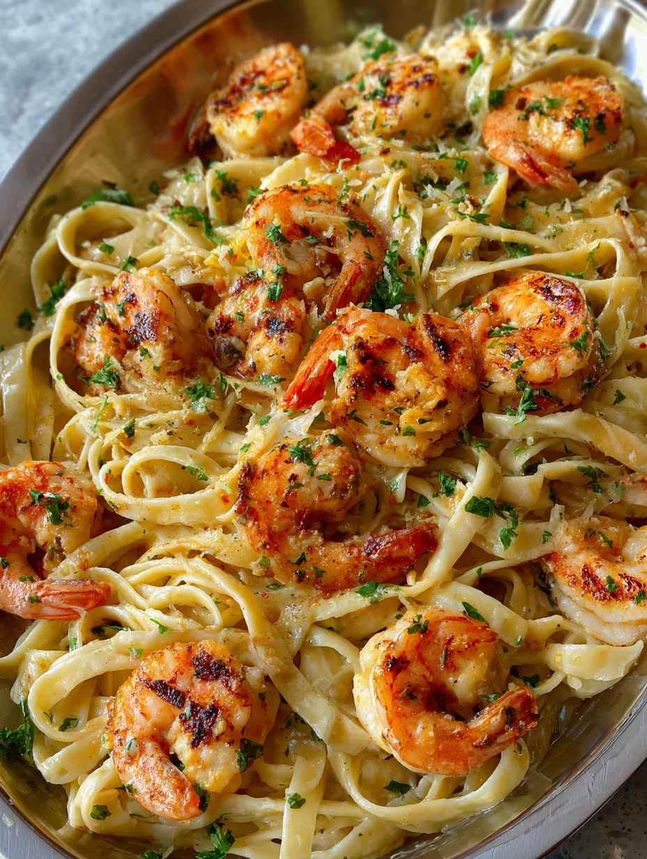 A dish of shrimp scampi garlic cream pasta.