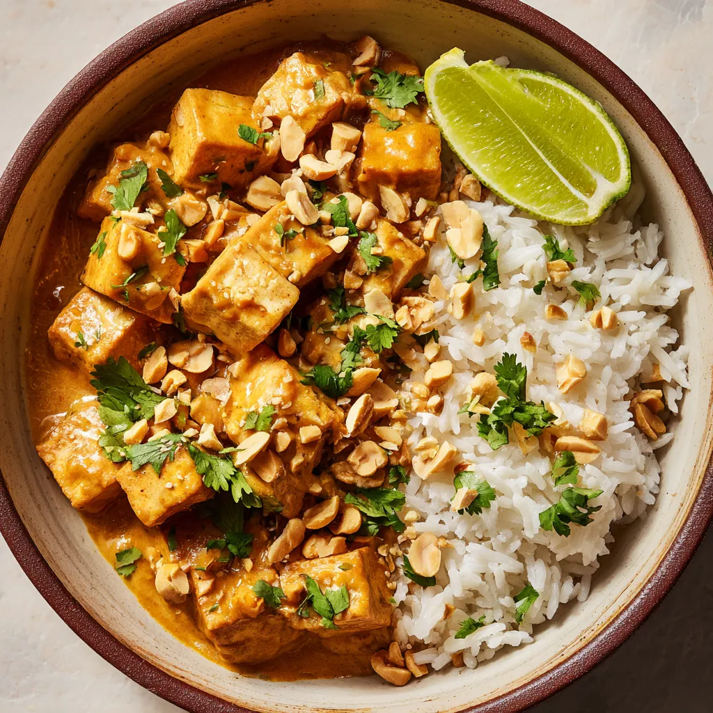 A bowl of peanut tofu with coconut rice.