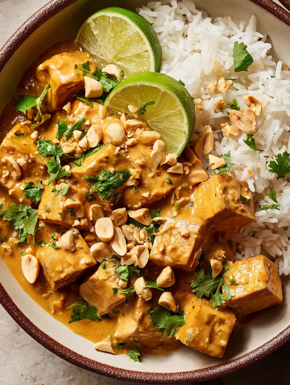 A bowl of peanut tofu with coconut rice.