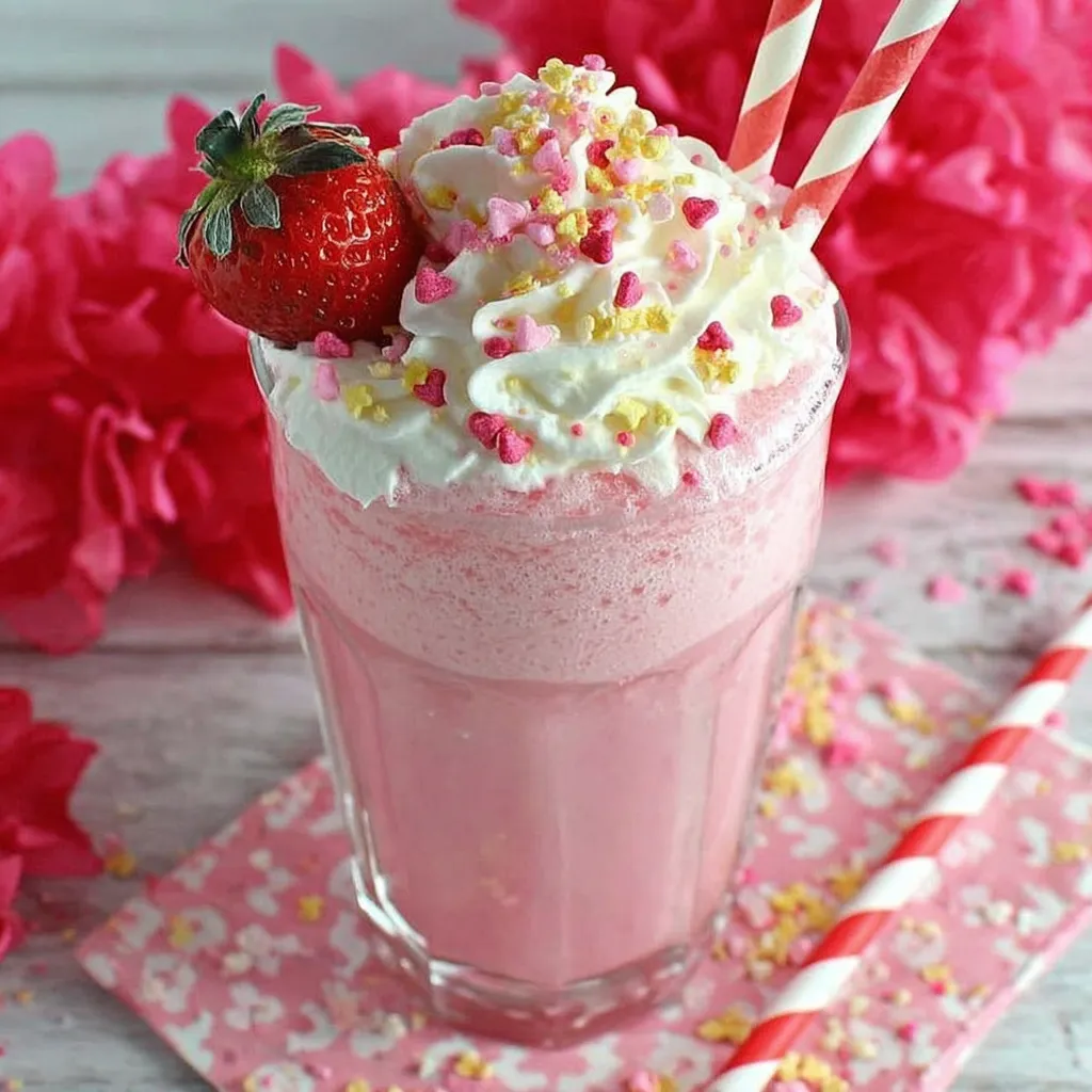 A glass of pink milkshake with strawberries on top.