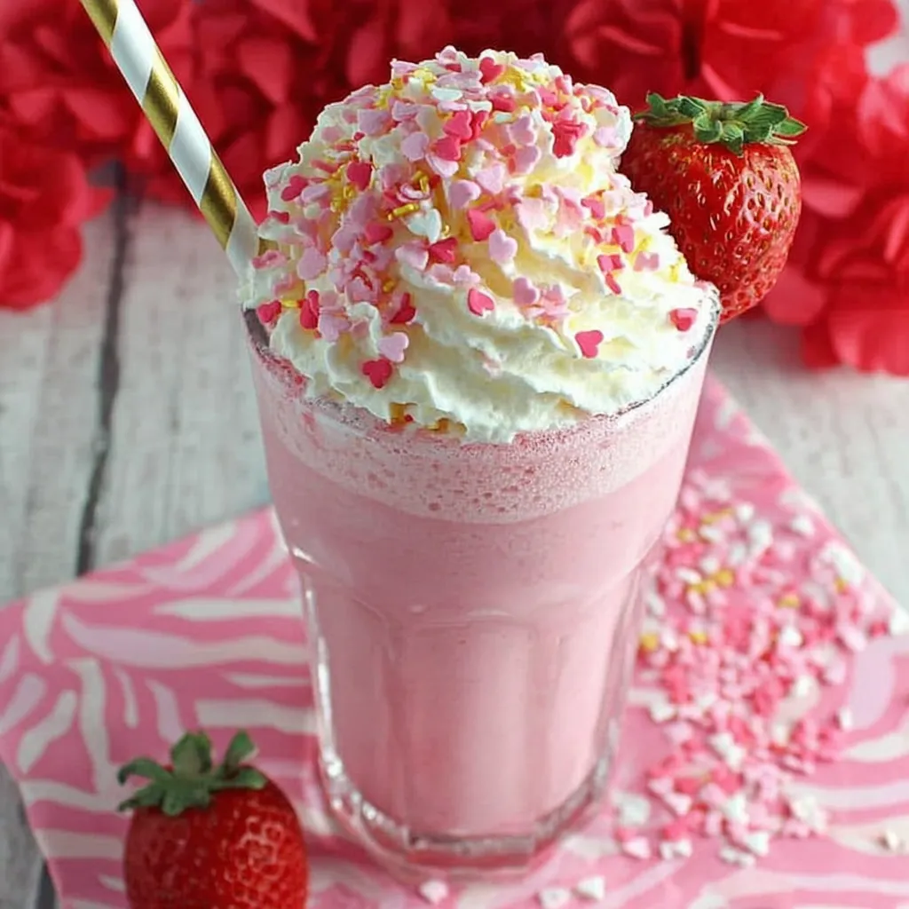 A pink strawberry milkshake with whipped cream and strawberries.